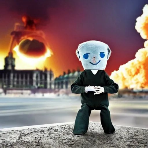 Image similar to evil toy puppet sitting in the middle of abandoned london with nuclear explosion on the background