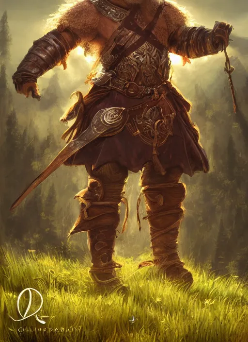 Prompt: A fantasy portrait painting of a male dwarf wearing leather armor on a beautiful meadow, DAZ, hyperrealistic, ambient light, dynamic light, trending on artstation, d&d, RPG portrait