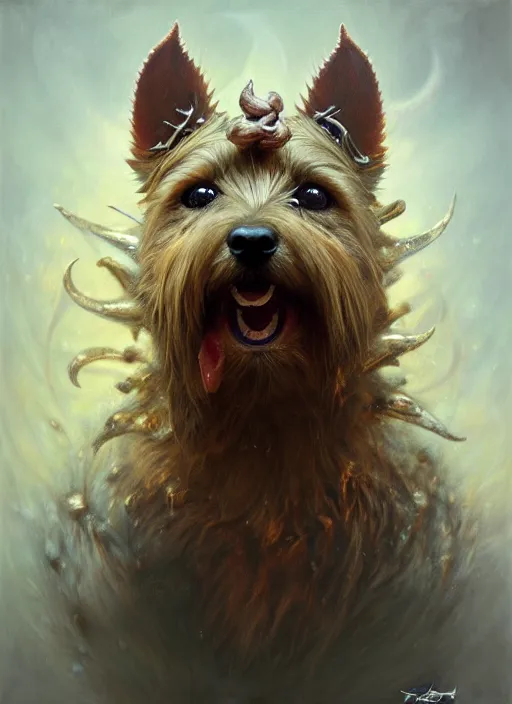 Image similar to norwich terrier as an devil, aesthetic, fine art, intricate, elegant, highly detailed, realistic hair, centered, digital painting, art station, conceptual art, soft, sharp focus, illustration, artwork, artgerm, tomasz alen kopera, peter mohrbacher, donato giancola, wlop, boris vallejo