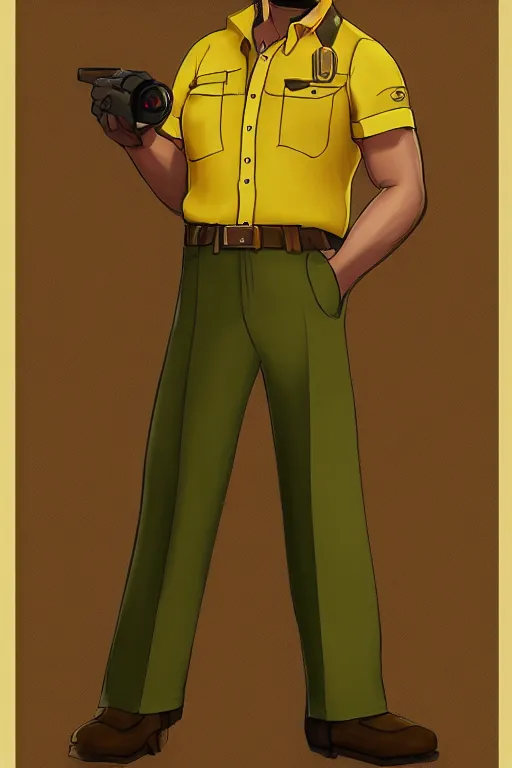 Prompt: Character portrait of a man in a yellow button-down shirt and olive green slacks intricate elegan team fortress 2 tf2 concept art