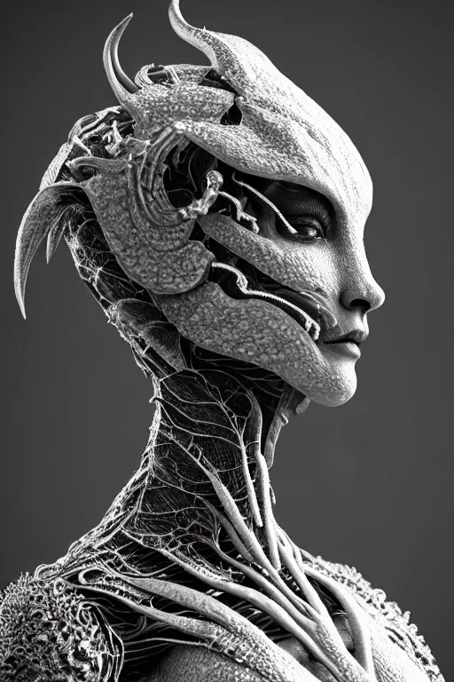 Image similar to bw close - up profile face, black background, beautiful young porcelain vegetal - dragon - cyborg - female, 1 5 0 mm, beautiful natural soft rim light, silver gold details, magnolia leaves and stems, roots, mandelbot fractal, elegant, ultra detailed, white metallic armour, octane render, h. r. giger style