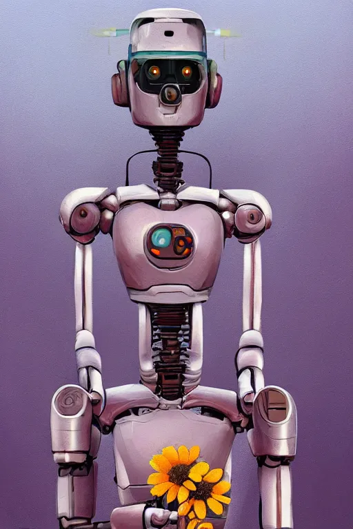 Prompt: a close up of a robot holding a flower, a digital painting by scott listfield, cgsociety, digital art, made of flowers, digital painting, speedpainting