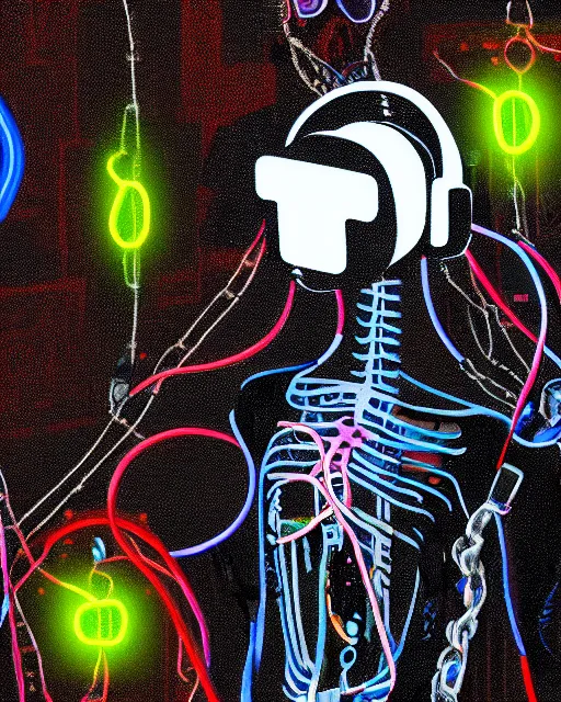 Image similar to xsullo digital painting of cyberpunk skeleton tethered to a bunch of wires and cords and chains wearing a vr headset neon glowing painting