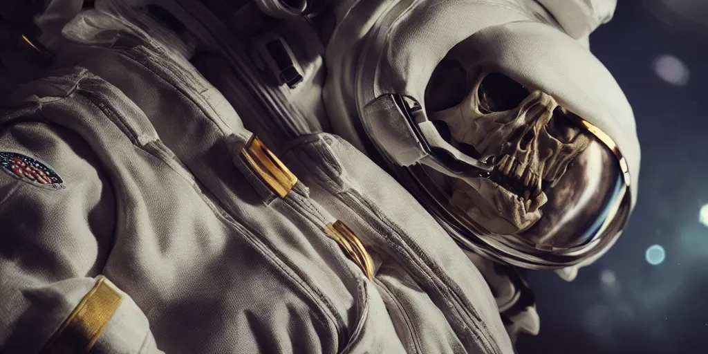 Prompt: realistic skull in astronaut suit with gold linens, cinematic lighting, dramatic, octane render, long lens, shallow depth of field, bokeh, anamorphic lens flare, 8k, hyper detailed