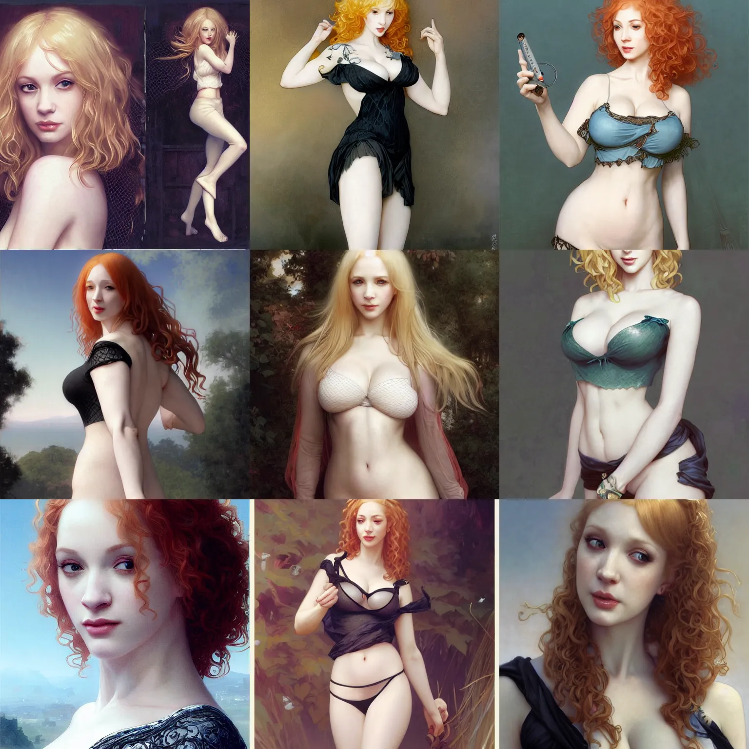 Prompt: painting of beautiful christina hendricks with long blonde hair, dressed in a fishnet crop top and black miniskirt, very pale white skin and long curly blond hair, by ruan jia and artgerm and range murata and krenz cushart and william adolphe bouguereau, key art, fantasy illustration, award winning, intricate detail realism hdr, full body painting