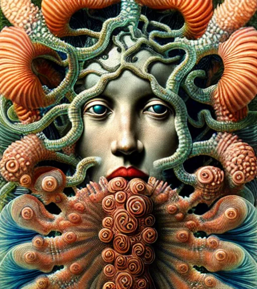 Image similar to hyperrealistic detailed underwater face portrait of the beautiful god of the fish with an intricate headgear of corals, sea kelp, sea plants, fish, starfish, jellyfish, art by ernst haeckel, james jean, john william godward, gothic, neo - gothic, ornamental, beautiful deep colours,