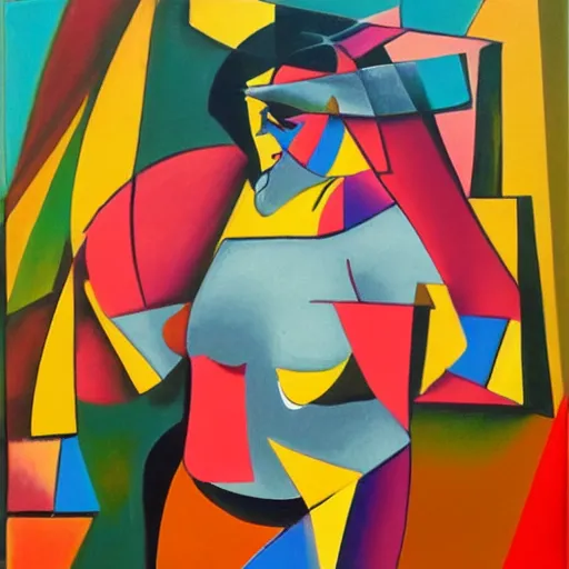 Image similar to fat latin woman dancing, brilliant sunset, cubism, texture, acrylic, no collage, no pastels