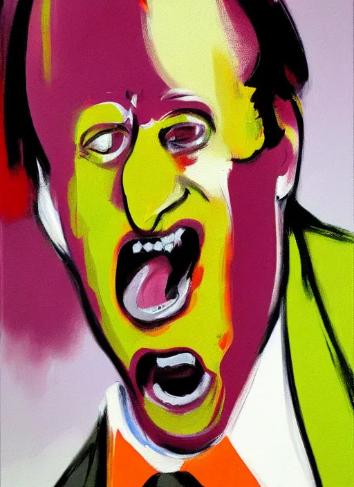 Prompt: saul goodman, screaming, painting by sir francis bacon,'action lines '!!!, graphic style, visible brushstrokes, motion blur, blurry