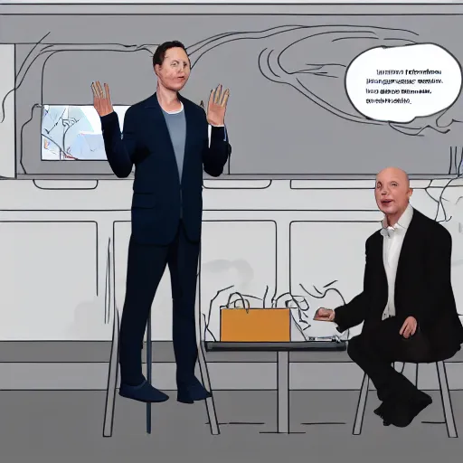 Image similar to illustration of a meeting between elon musk, mark zuckenberg, jeff bezos, very detailled, by artgem