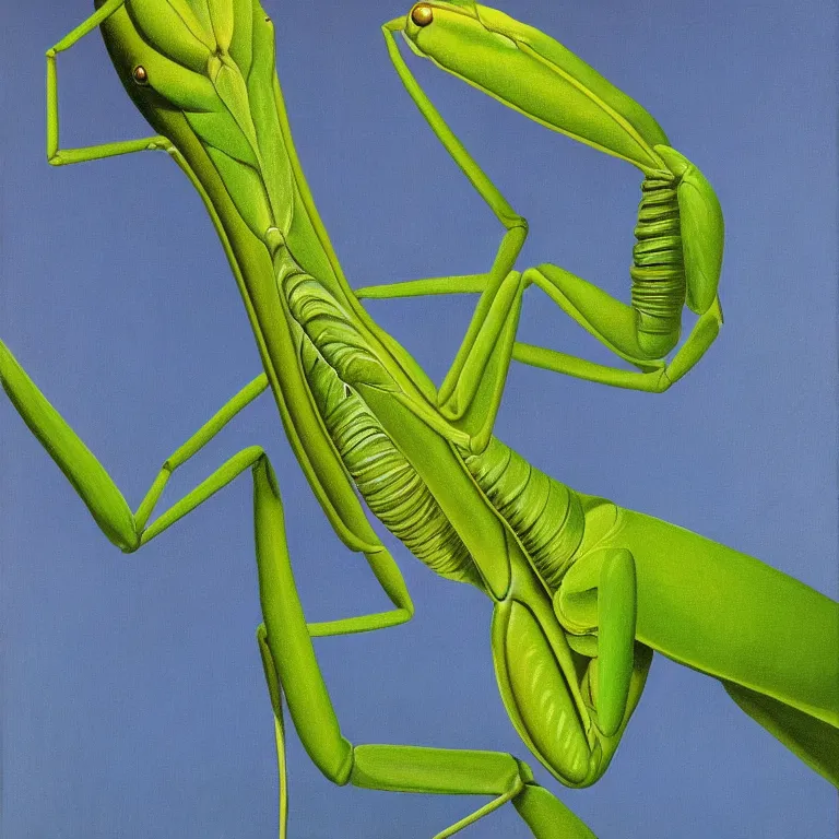 Image similar to praying mantis, by rene magritte, centered, detailed painting, hd, hq, high resolution, high detail, 4 k, 8 k