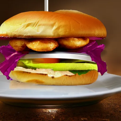 Image similar to floating chicken sandwich on a plate, photo realistic, explosion and flying pigs in the background, amazing detail