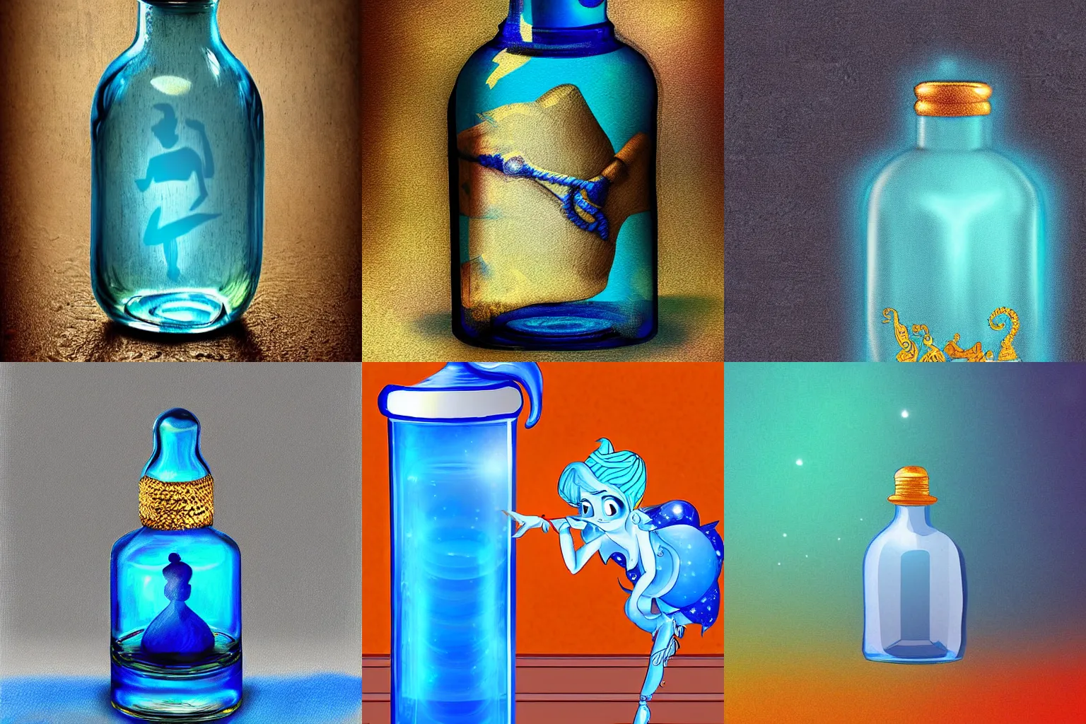 Prompt: A blue genie in a bottle, digital art