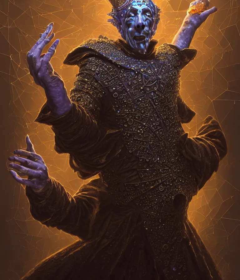 Prompt: front!!! shot of a court jester!!! character, mesmerizing fractal hypercubes, platinum cracked, dark holography!!!, future, metallic galactic, crystalline edges, polygonal, elegant, highly detailed, centered, (((artstation, concept art, jagged, sharp focus, artgerm, Tomasz Alen Kopera, Peter Mohrbacher, donato giancola, Joseph Christian Leyendecker, WLOP, Boris Vallejo))), ((raytracing)), mugshot!!!!!, ugly!!!!!!, octane render, nvidia raytracing demo, octane render, nvidia raytracing demo, octane render, nvidia raytracing demo, 8K, cinematic, masterpiece, fine portrait