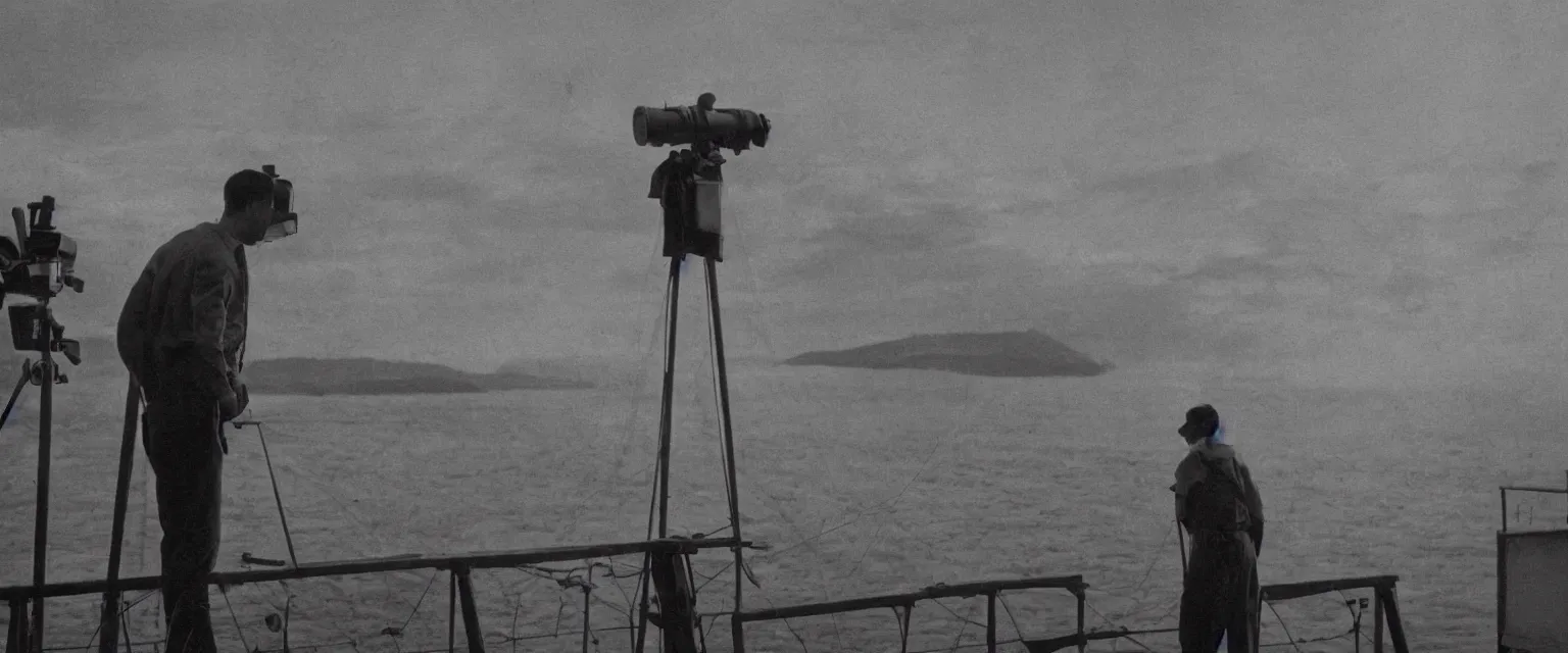 Prompt: detailed sharp photograph in the style of popular science circa 1 9 5 5 and gregory crewdson of a sailor standing on the bridge of a ship look through binoculars