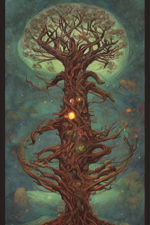 Image similar to Yggdrasil the tree of life by Shaun Tan and Hiroshi Yoshida, trending on artstation