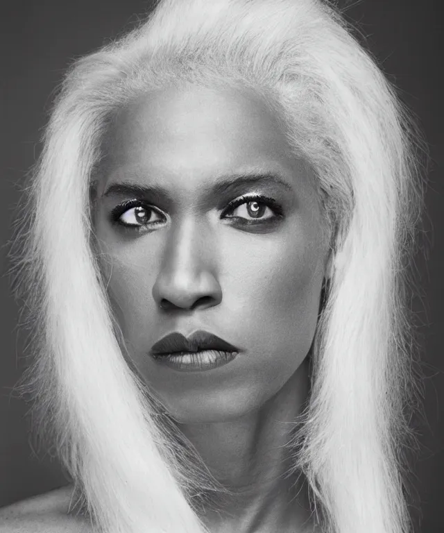 Prompt: a color photograph of a non binary model, platinum blonde, by carrie mae weems, intense, bold, hyperrealistic, ultra sharp, extra details, ultra high quality, trending on pinteresst