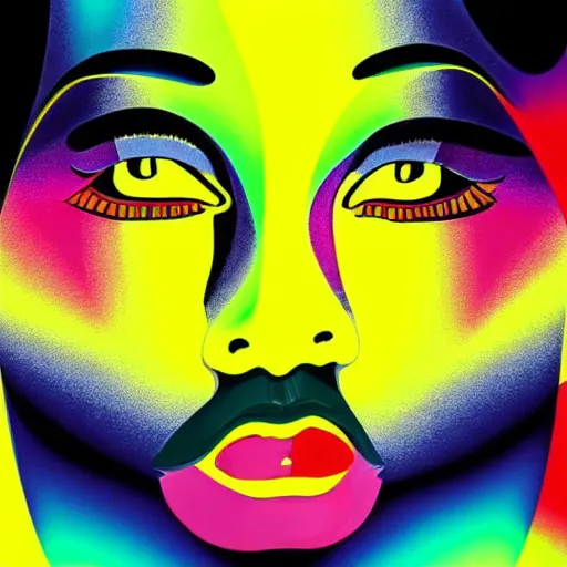 Prompt: closeup portrait of a black woman with yellow eyes and a rainbow background, digital art by tomokazu matsuyama, by ed paschke, by agnes pelton, by patrick nagel, behance contest winner, generative art, irridescent, holography, neon, dark art, retrowave, grain, androgynous, black background