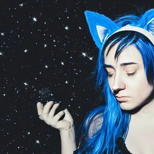 Prompt: photo of a young woman with messy blue hair and cat ears, nerdy, night photography