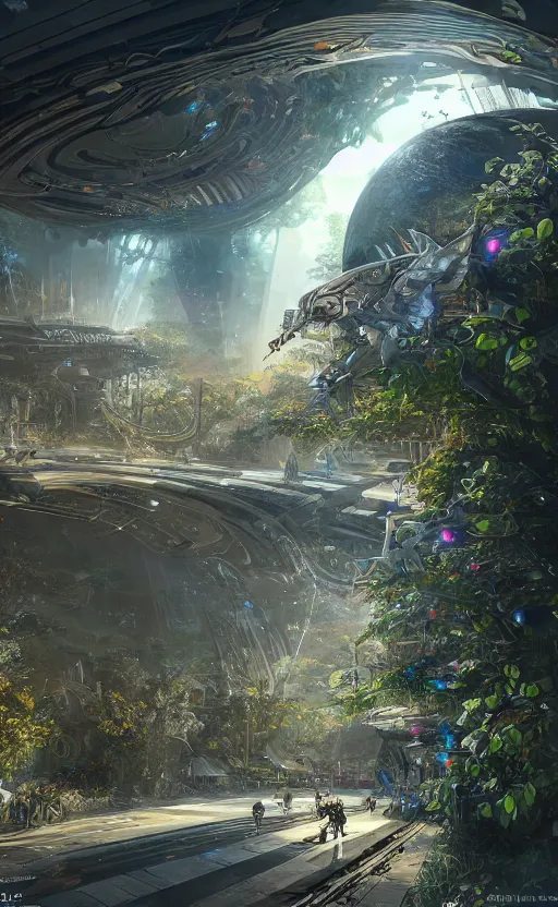 Image similar to space utopia where the path ways are filled with fauna, intricate building design, dynamic lighting, photorealistic fantasy concept art, trending on art station, stunning visuals, creative, cinematic, ultra detailed, ray tracing, sun rays