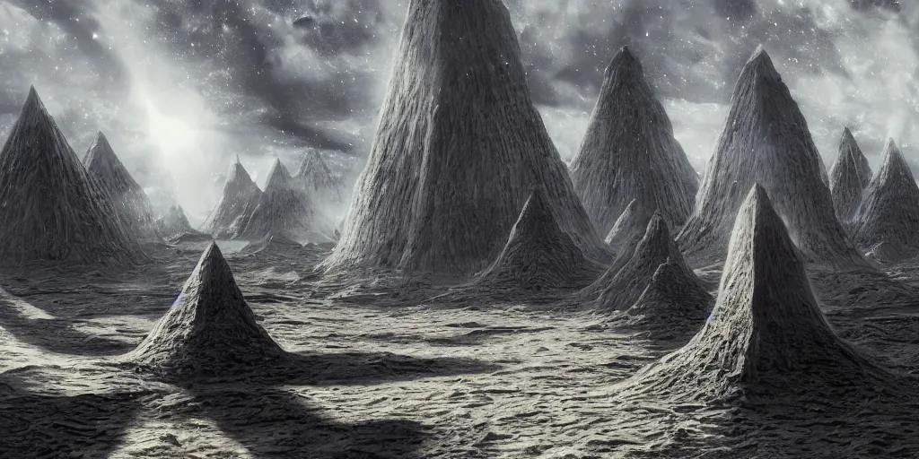 Prompt: stygian beautiful painting of a landscape with levitating obsidian alien pyramids with by kim jakobsson, takato yamamoto, clement - auguste andrieux and santiago caruso trending on artstation sunshine rays cryengine behance hd 8 k 3 d 8 k resolution photoillustration ambient occlusion, stars with lasers, nyarlathotep by arrivabene