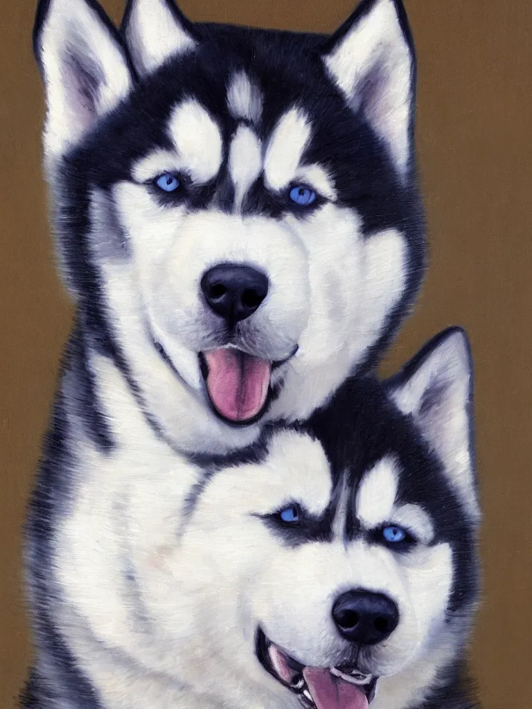 Image similar to portrait painting of a husky wearing a white vest