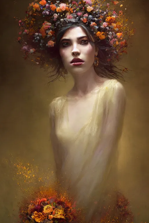 Image similar to a stunning elegant girl made of flowers and golden silks. ethereal horror fantasy art by greg rutkowski and magali villanueve and monet, concept art, smooth, cinematic lighting, 8 k resolution