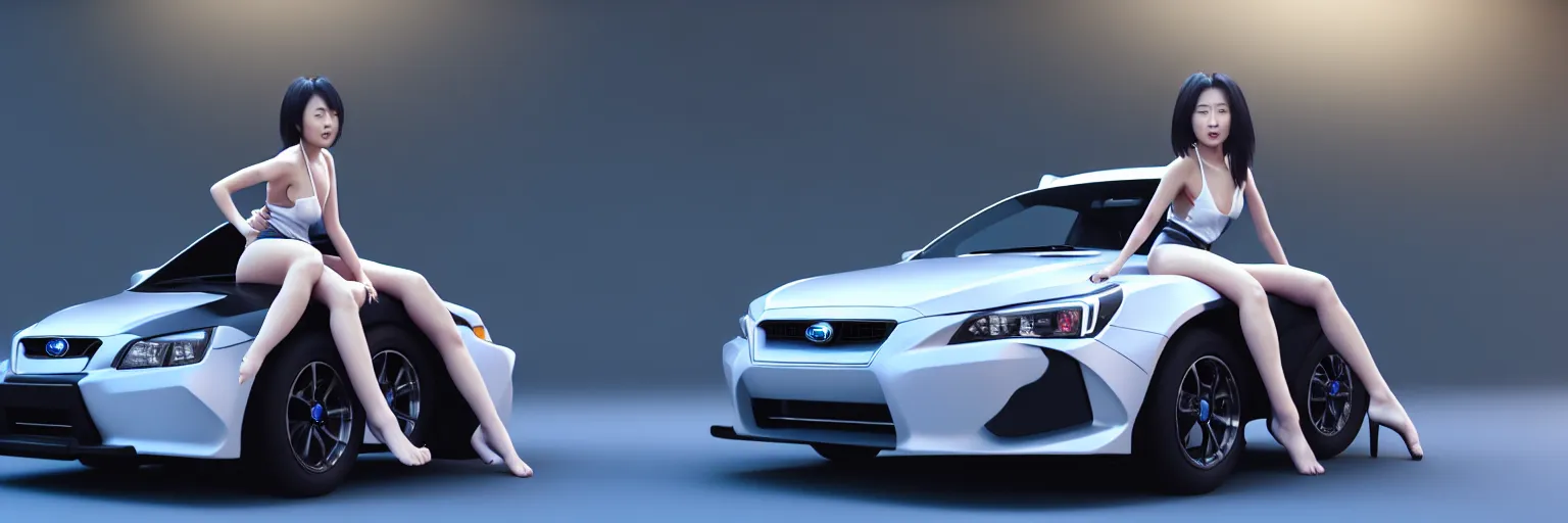 Prompt: A hasselblad studio photo of asian modern woman character sitting on hood subaru car, unreal engine, octane render, blender3d, digital art, intrecate light, 8k resolution, anime style