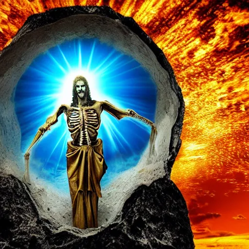 Image similar to Jesus Christ as skeleton inside an epicenter of a thermonuclear blast standing on the Earth sphere with radioactive rays to the sides, insane detail, photorealistic ultra high definition cinematic scene, sony a7r, 35mm