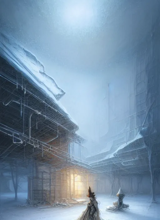 Image similar to abandoned laboratory on ice plains, blizzard weather, intricate, elegant, highly detailed, digital painting, artstation, concept art, smooth, sharp focus, illustration, artgerm, tomasz alen kopera, peter mohrbacher, donato giancola, joseph christian leyendecker, wlop, boris vallejo