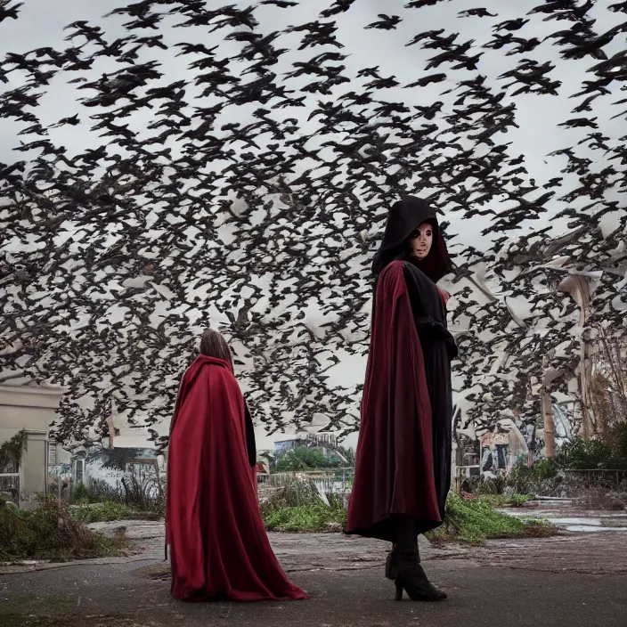 Prompt: a woman wearing a cloak made of birds, in an abandoned theme park, by omar z. robles, canon eos c 3 0 0, ƒ 1. 8, 3 5 mm, 8 k, medium - format print