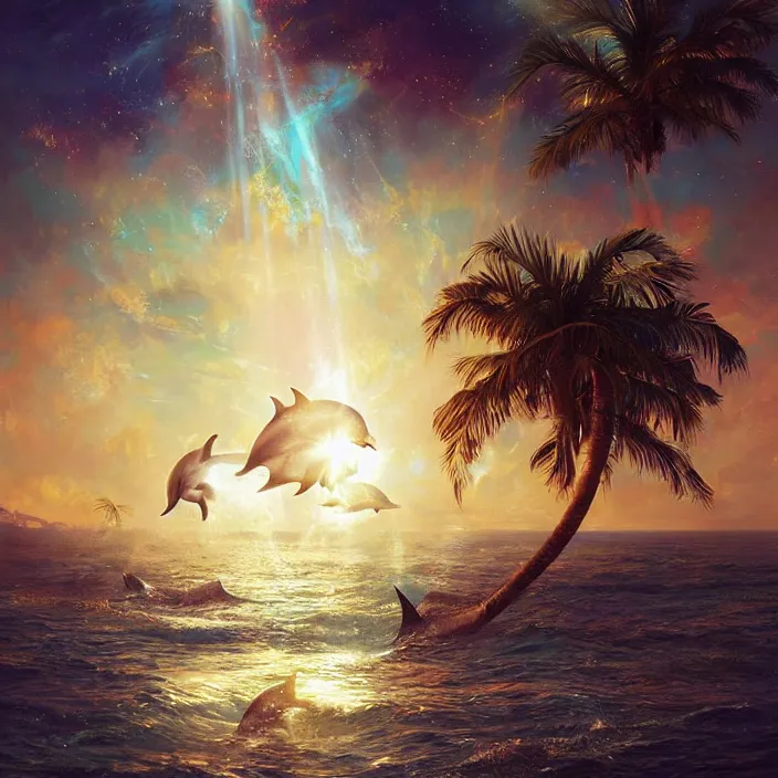 Image similar to dolphins swimming, golden hour, god rays, by artgerm and ruan jia and ismail inceoglu and greg olsen, palm trees, cosmos, milky way galaxy, masterpiece, beautiful, intricate, elegant, highly detailed