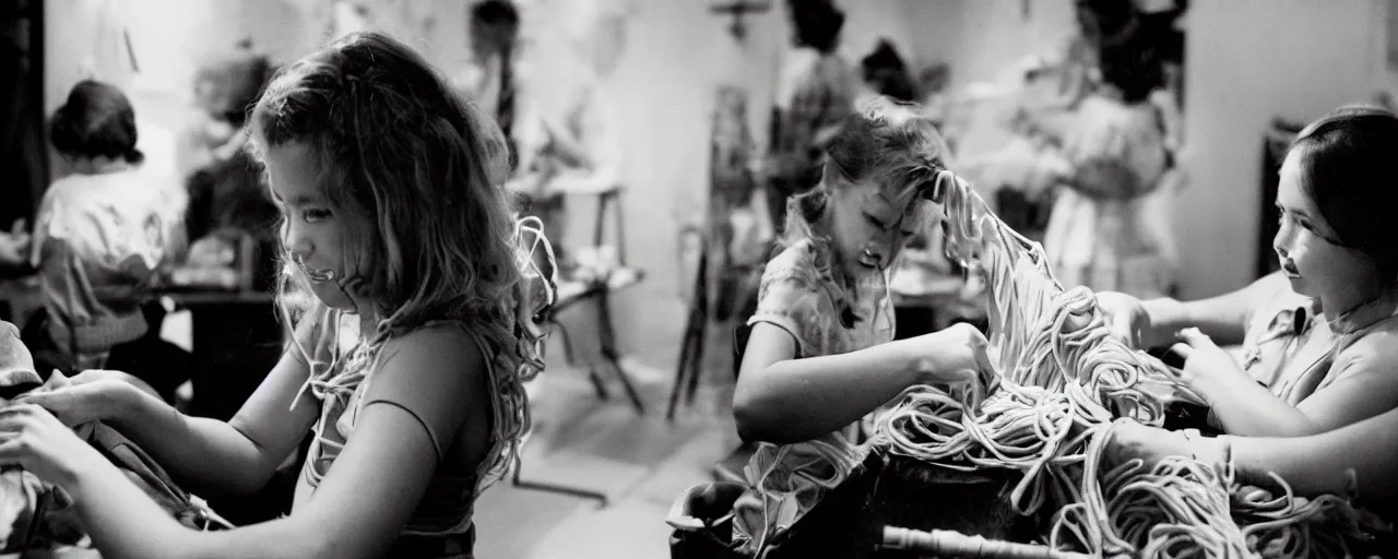 Image similar to a seamstress sewing a dress made of spaghetti, an excited girl in the background, facial expression, canon 5 0 mm, cinematic lighting, photography, retro, film, kodachrome, closeup