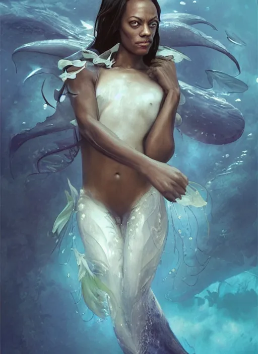 Image similar to dramatic upper body portrait of Zoe Saldana as a dark-skinned la sirene Haitian mermaid goddess by Ruan Jia and Mandy Jurgens and Artgerm and william-adolphe bouguerea, underwater, white sheer fabric, white lilies, shells, mirrors, marvel comics, intricate, highly detailed, smooth, artstation, digital illustration by julie bell and Ruan Jia and Mandy Jurgens and Artgerm and William Adolphe Bouguereau and John Collier and Greg Rutkowski and Frank Frazetta