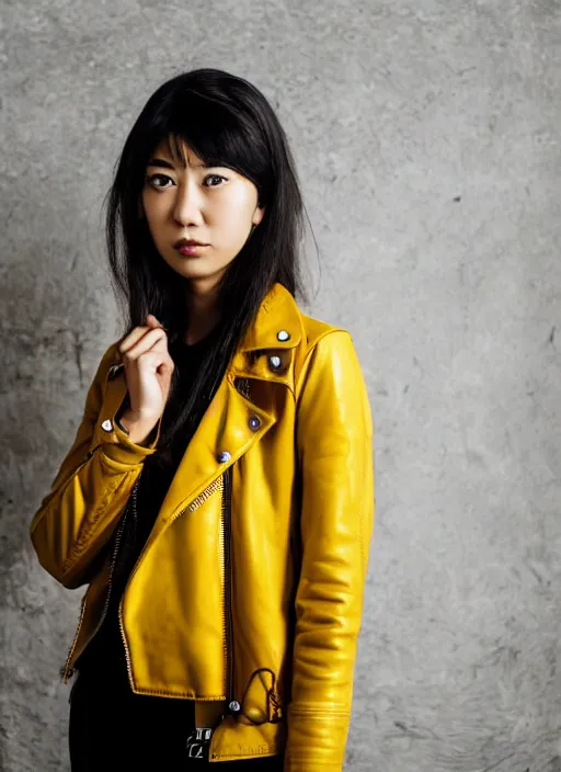 Prompt: young adult asian woman in a coffee shop wearing bright yellow headphones and a leather jacket looking unamused, natural light, magazine photo, 5 0 mm