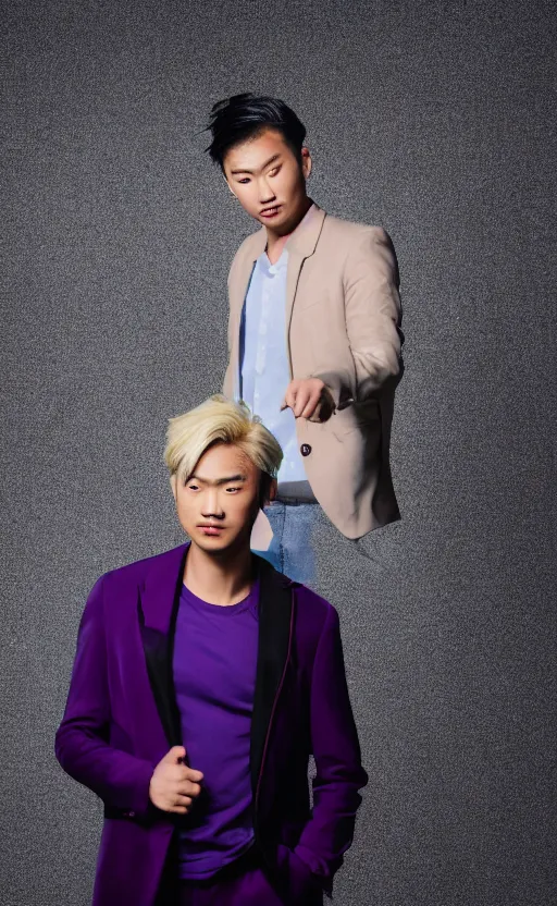 Image similar to a realistic photo of blond handsome Asian man in purple jacket, Kira Yoshikage in real life, studio photography , dark grey background, softly backlit, gentle smoke effect, photo courtesy Museum of art