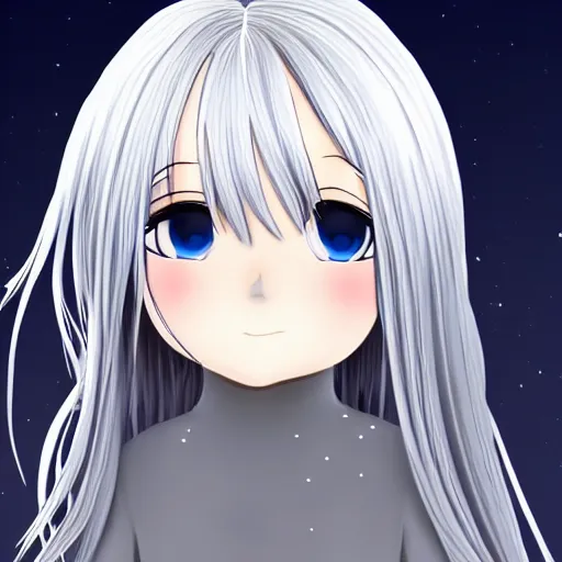 Image similar to young girl with long wavy light silver hair, with blackness instead of eyes, anime