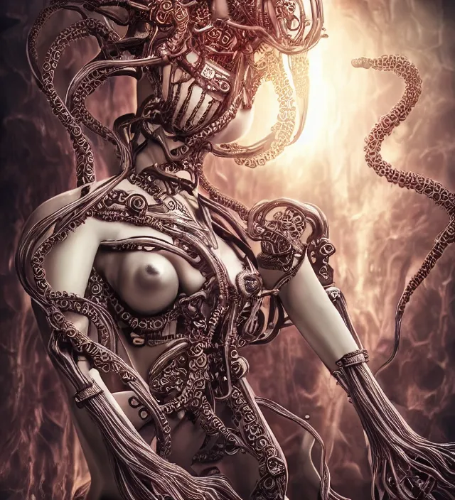 Prompt: photo 3 d rendering of a beautiful girl deity cyborg demon angel with tentacles epic photorealistic portrait in ito junji miura kentaro frank miller alex ross escher giger sorayama buddhist biopunk cosmic horror style depth of field lens flare leica zeiss detailed trending award winning on pixiv skeb