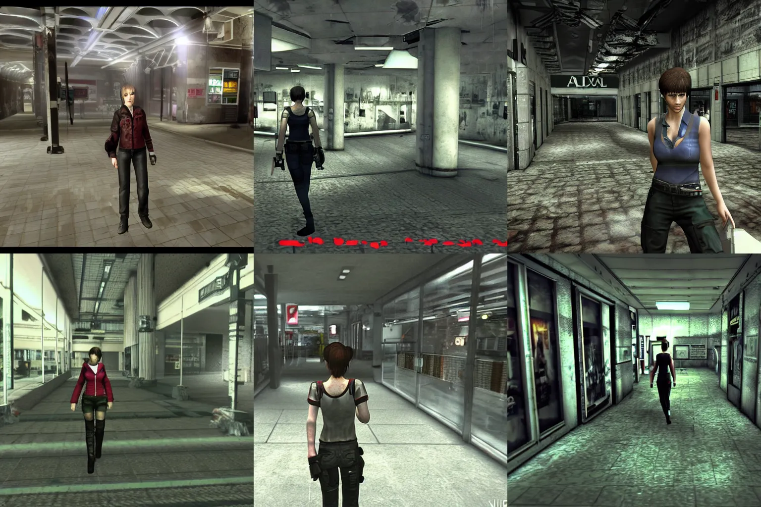 Prompt: Rebecca Chambers from Resident Evil is walking inside a german mall. Dreamcast game screenshot. dark and scary atmosphere. third person game.