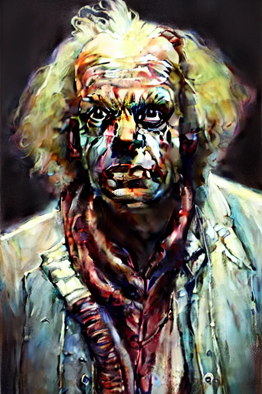 Image similar to hyperrealist portrait of doc brown by jeremy mann and alphonse mucha, fantasy art, photo realistic, dynamic lighting, artstation, poster, volumetric lighting, very detailed faces, 4 k, award winning