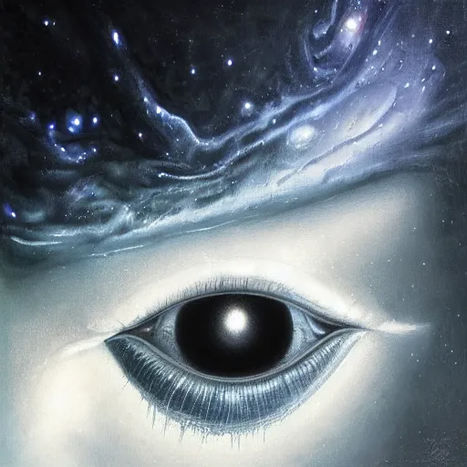 Image similar to low angle shot of a eye leaking black oil with the galaxy in the iris by clive barker, intricate, elegant, highly detailed, centered, digital painting, artstation, concept art, smooth, sharp focus, illustration, artgerm, Tomasz Alen Kopera, Peter Mohrbacher donato giancola, Joseph Christian Leyendecker, WLOP, Boris Vallejo.