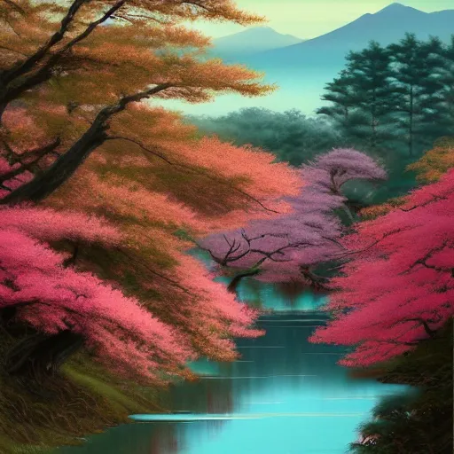 Image similar to beautiful japan landscape painting, teal and pink, matte painting, depth of field, by tuomas korpi, trending on artstation