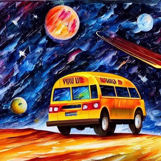 Image similar to school bus, on mars, school bus on mars, earth in the background, shooting stars, nebula, drawn by Leonid Afremov