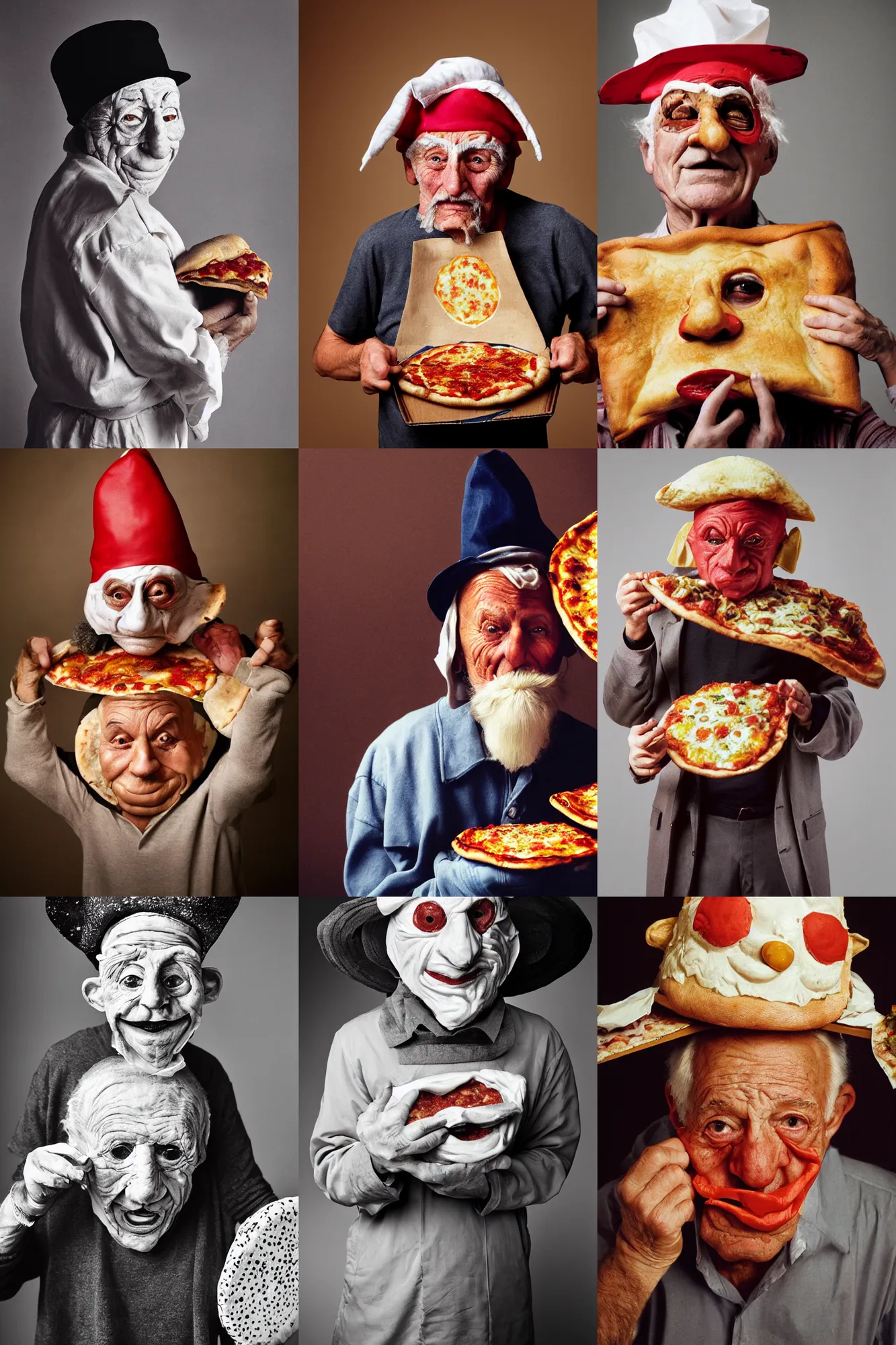 Prompt: close - up portrait of a wrinkled old man wearing a pulcinella mask holding up a pizza!! to behold, clear eyes looking into camera, baggy clothing and hat, masterpiece photo by annie leibovitz
