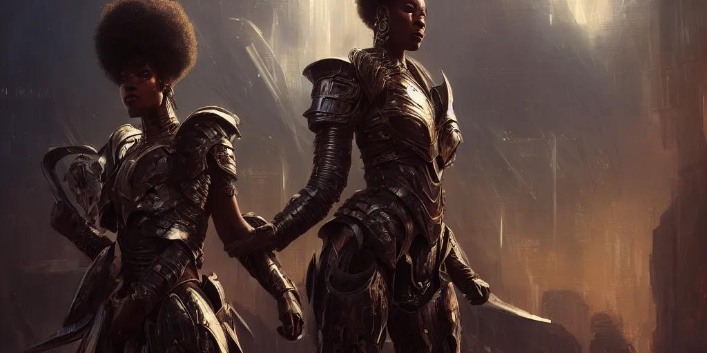 Prompt: 5 5 mm portrait photo of an armored gorgeous aesthetic black woman warrior, wearing glowing armor in afrofuturistic city. art by greg rutkowski. highly detailed 8 k. intricate. lifelike. soft light. nikon d 8 5 0.