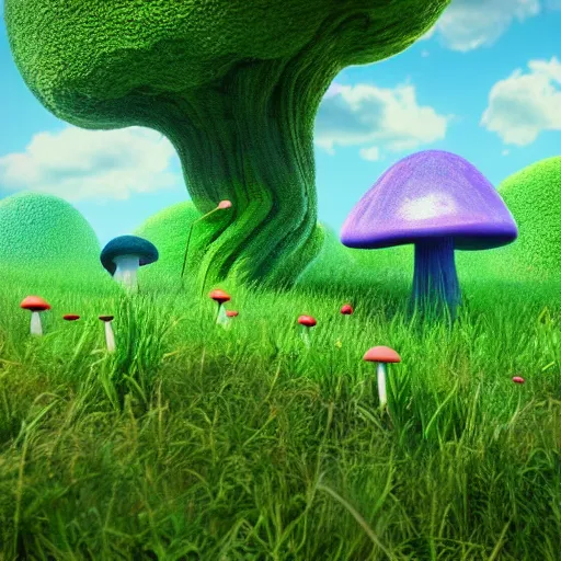 Prompt: a green field filled with magical mushroom creatures, award winning render, colorful, mystical, vibrant, 8k, hd, 3d, unreal engine, octane render