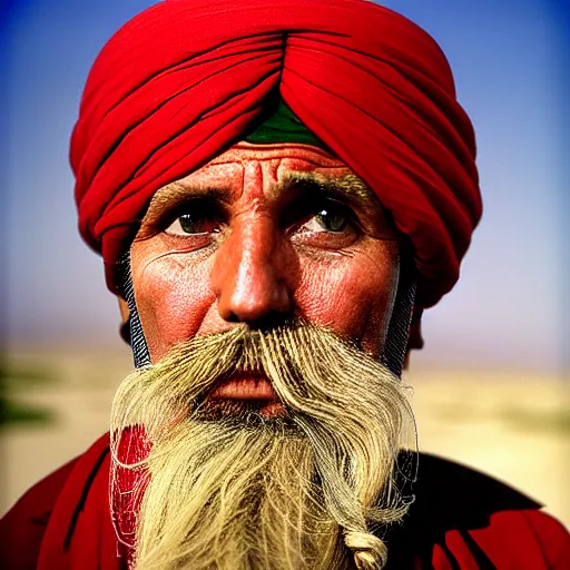 Image similar to portrait of president donald trump as afghan man, green eyes and red turban looking intently, photograph by steve mccurry