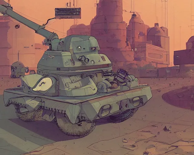 Image similar to a study of cell shaded cartoon tank with a giant camera on it on a desert road, street lamps, road, illustration, wide shot, subtle colors, post grunge, concept art by josan gonzales and wlop, by james jean, victo ngai, highly detailed, sharp focus, trending on artstation, hq, deviantart, art by artgem