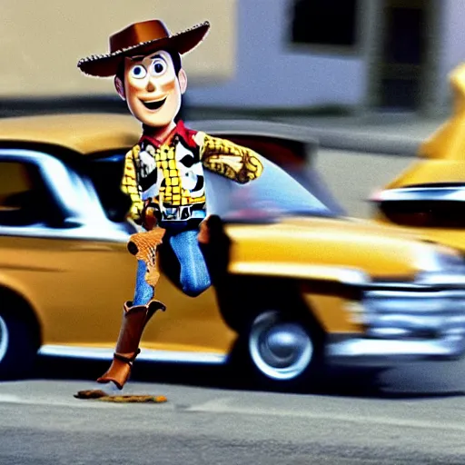 Prompt: woody from toy story driving a sedan flipping off traffic