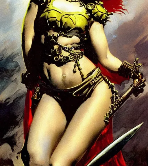 Image similar to portrait of strong female chaos angel, beautiful! coherent! by frank frazetta, by brom, strong line, deep color, spiked metal armor, maximalist