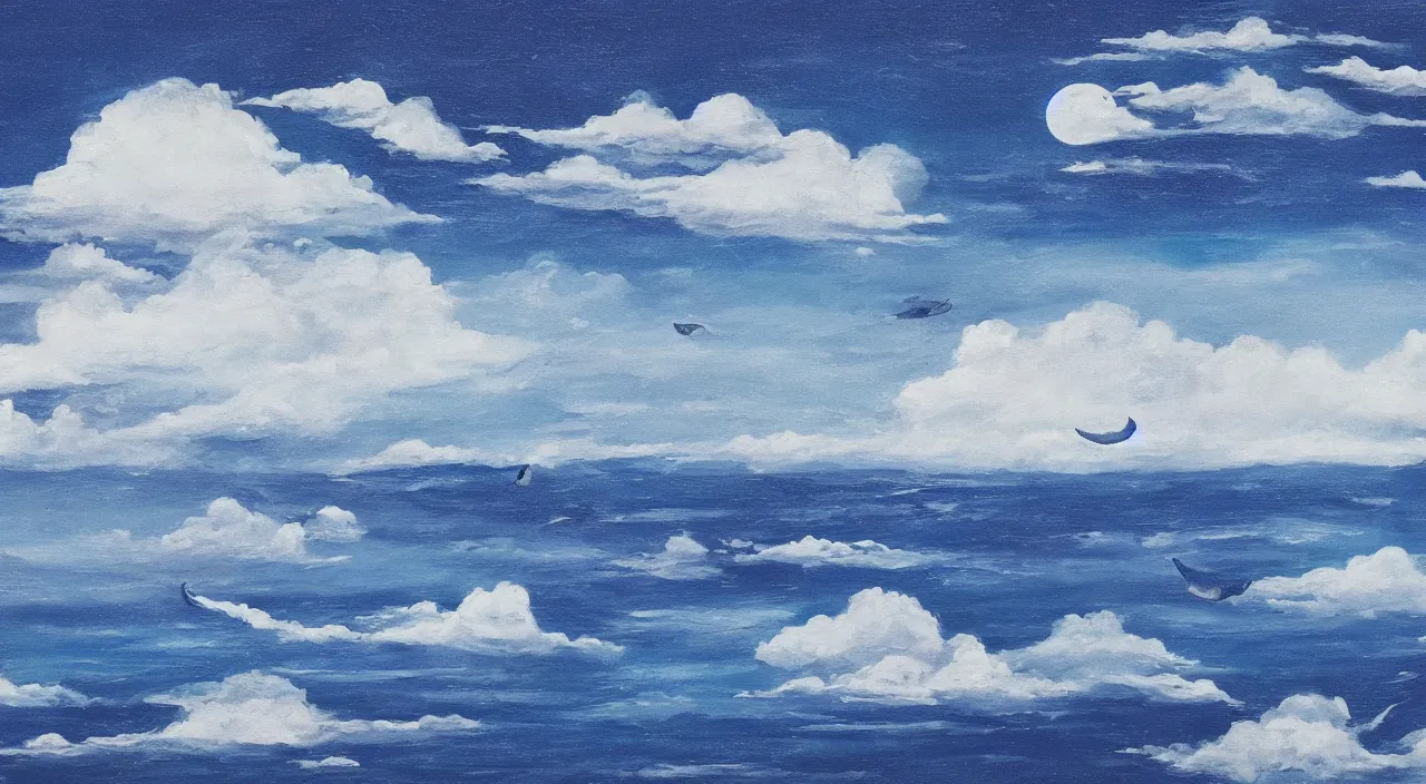 Image similar to ocean in the sky, whales, clouds, moon, water